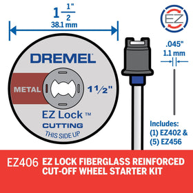Dremel EZ402 mandrel included for fast tool-free wheel changes.