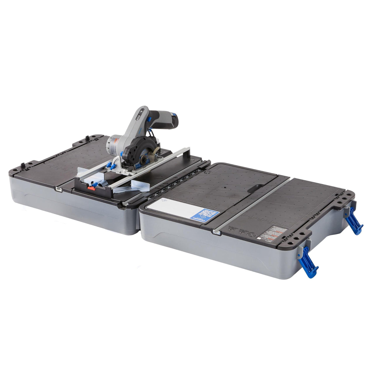 Folding design of the saw station for easy storage in small spaces.