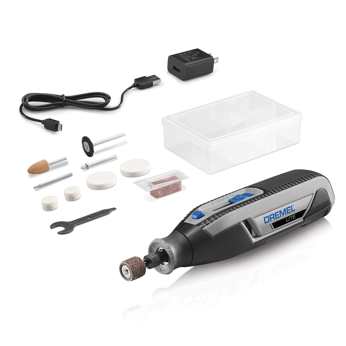 Dremel Lite battery charging via USB for on-the-go projects.