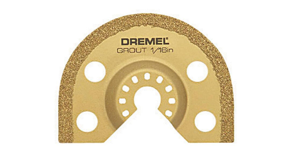 Dremel MM501 close-up showing a 1/16-inch carbide grout blade for precise removal
