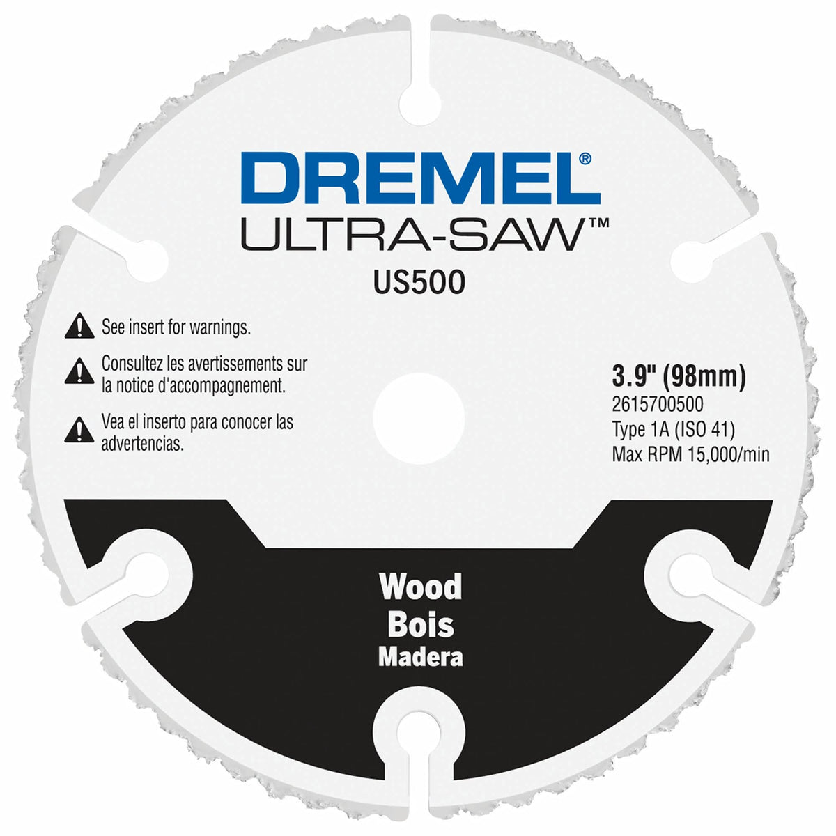 Dremel US500-01 carbide wood cutting wheel close-up for fast clean cuts