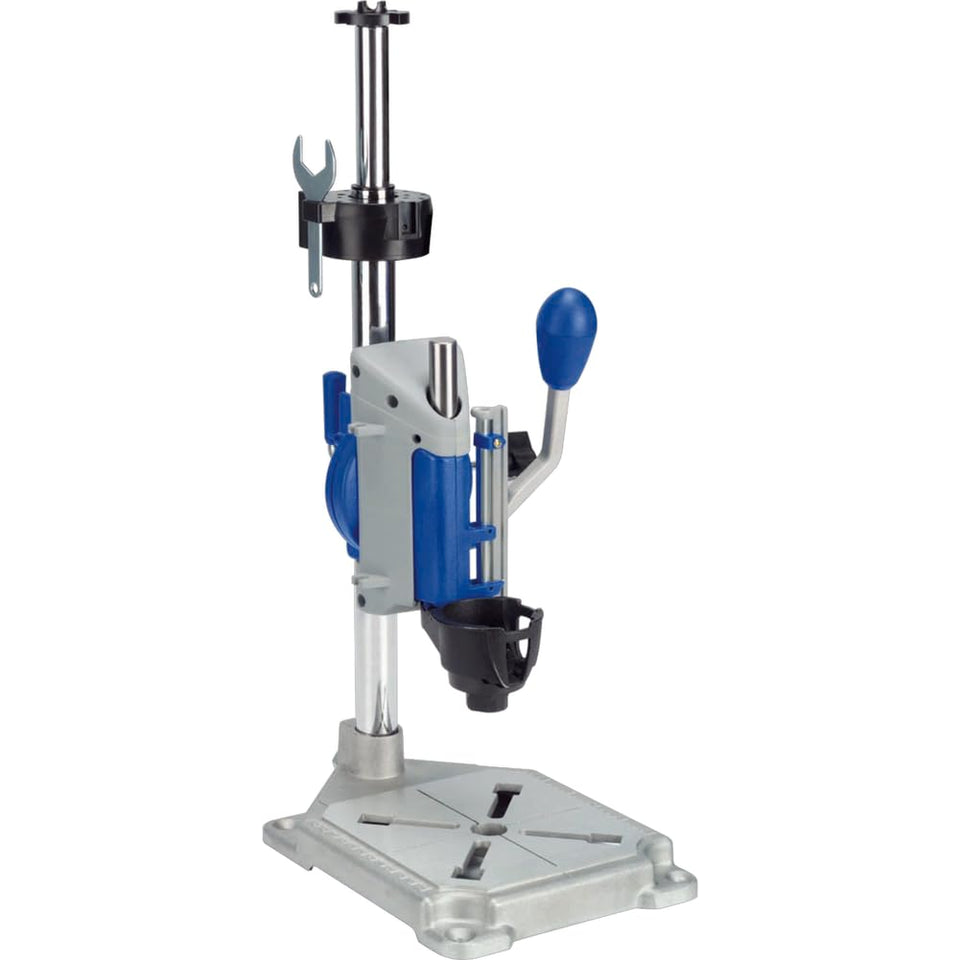 Dremel Workstation drill press base demonstrating secure clamping for precise drilling