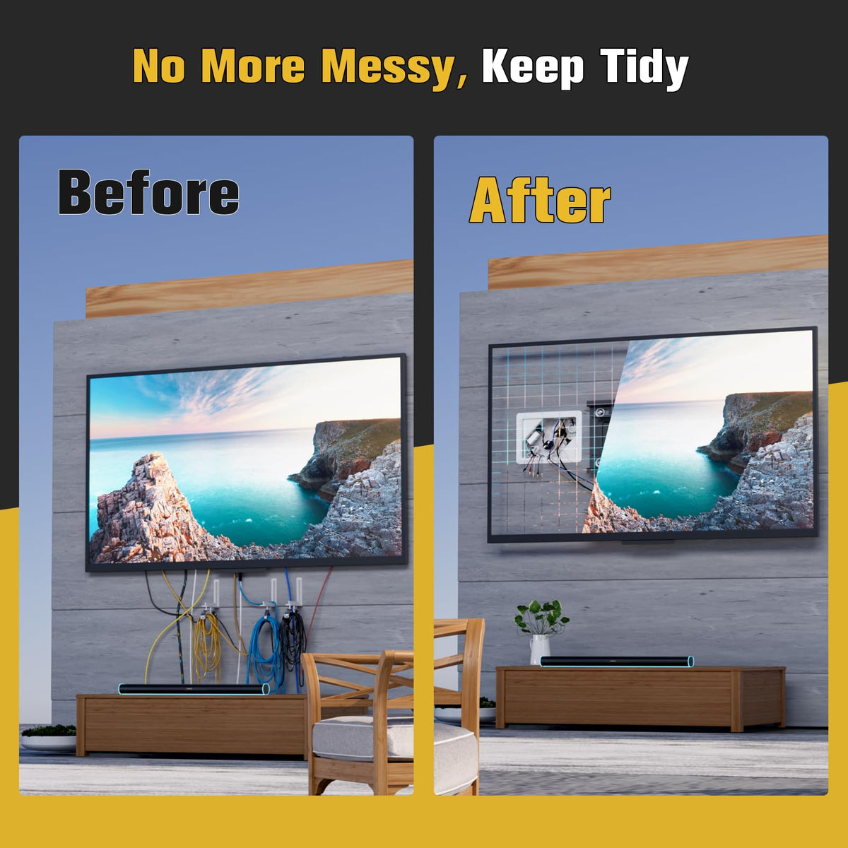 Dremica brush openings for HDMI and Ethernet cables enable clean cable routing.