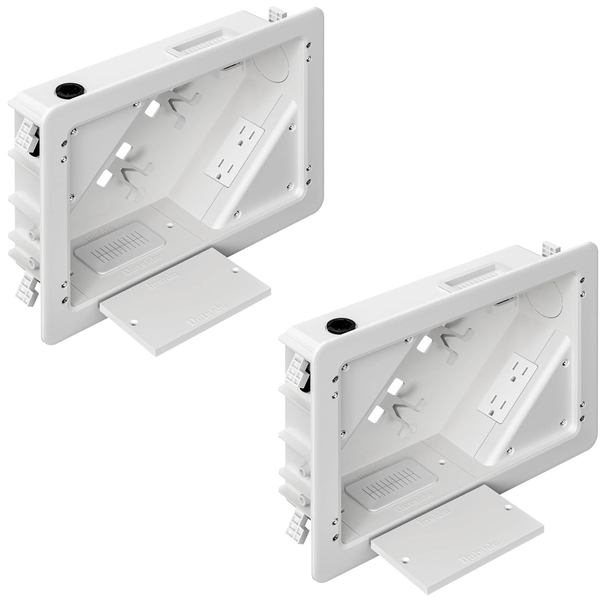 Dremica in-wall TV box with flange keeps cables concealed behind a wall-mounted TV.
