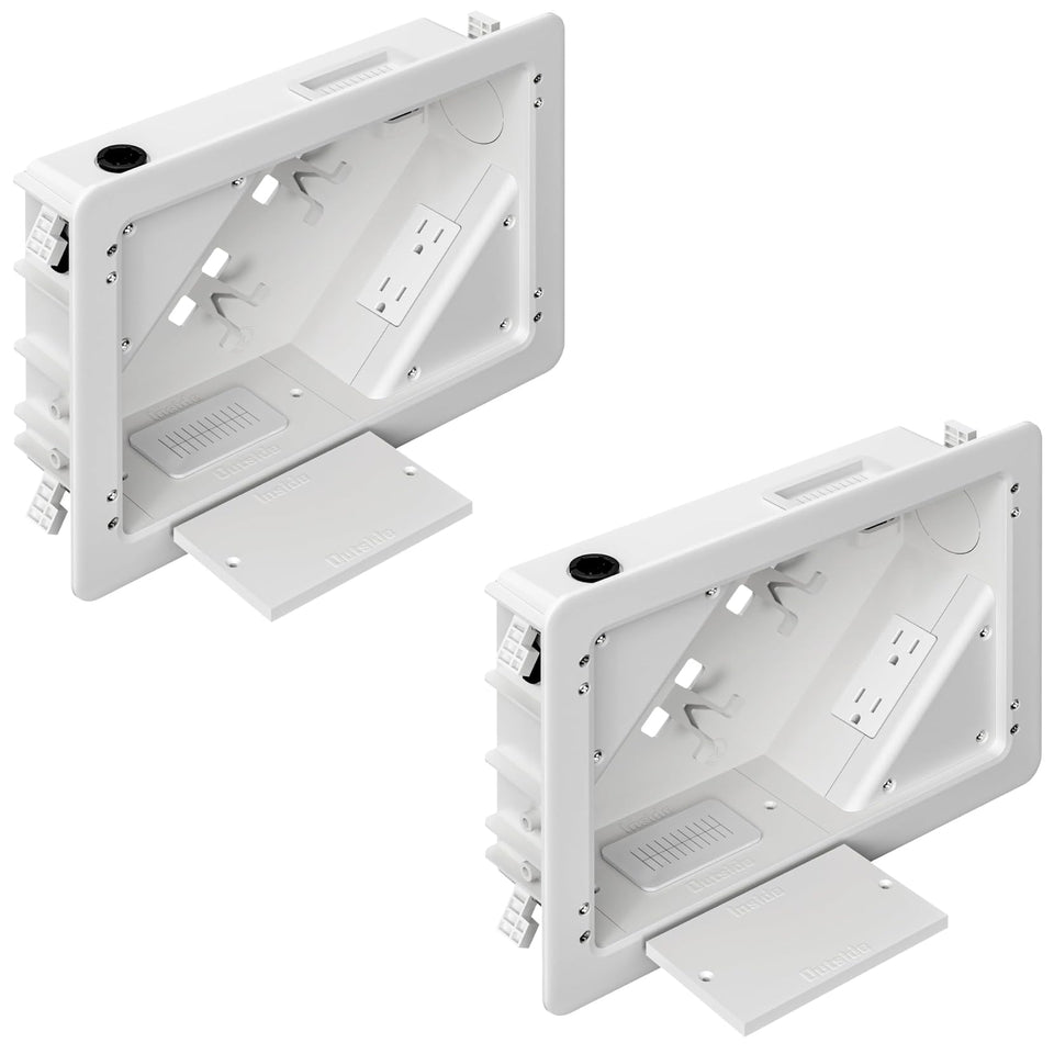 Dremica in-wall TV box with flange keeps cables concealed behind a wall-mounted TV.