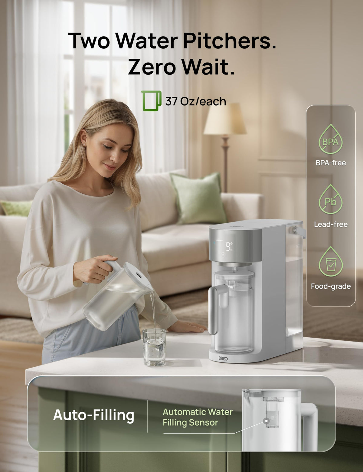 DREO 3-to-1 pure-to-drain ratio graphic shows reduced water waste.