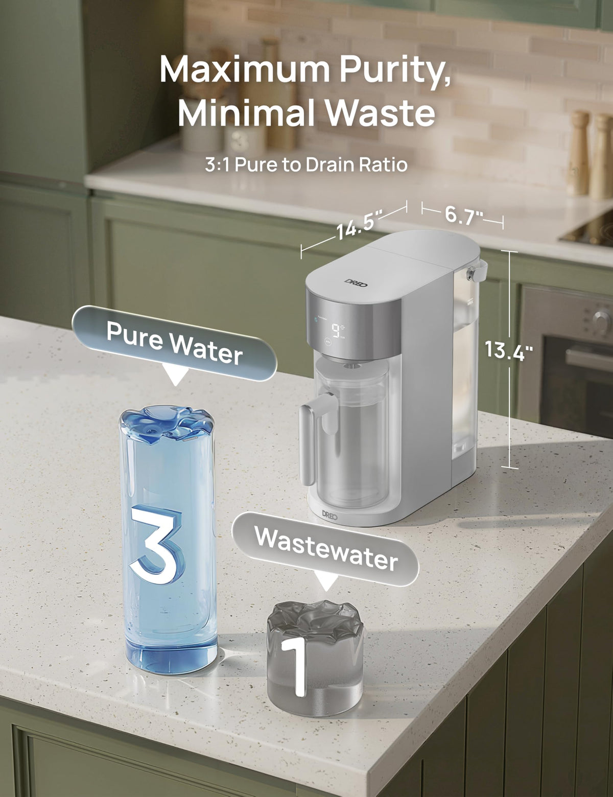 DREO 3L tank and 1.1L pitcher suited for daily use by 1–2 people.