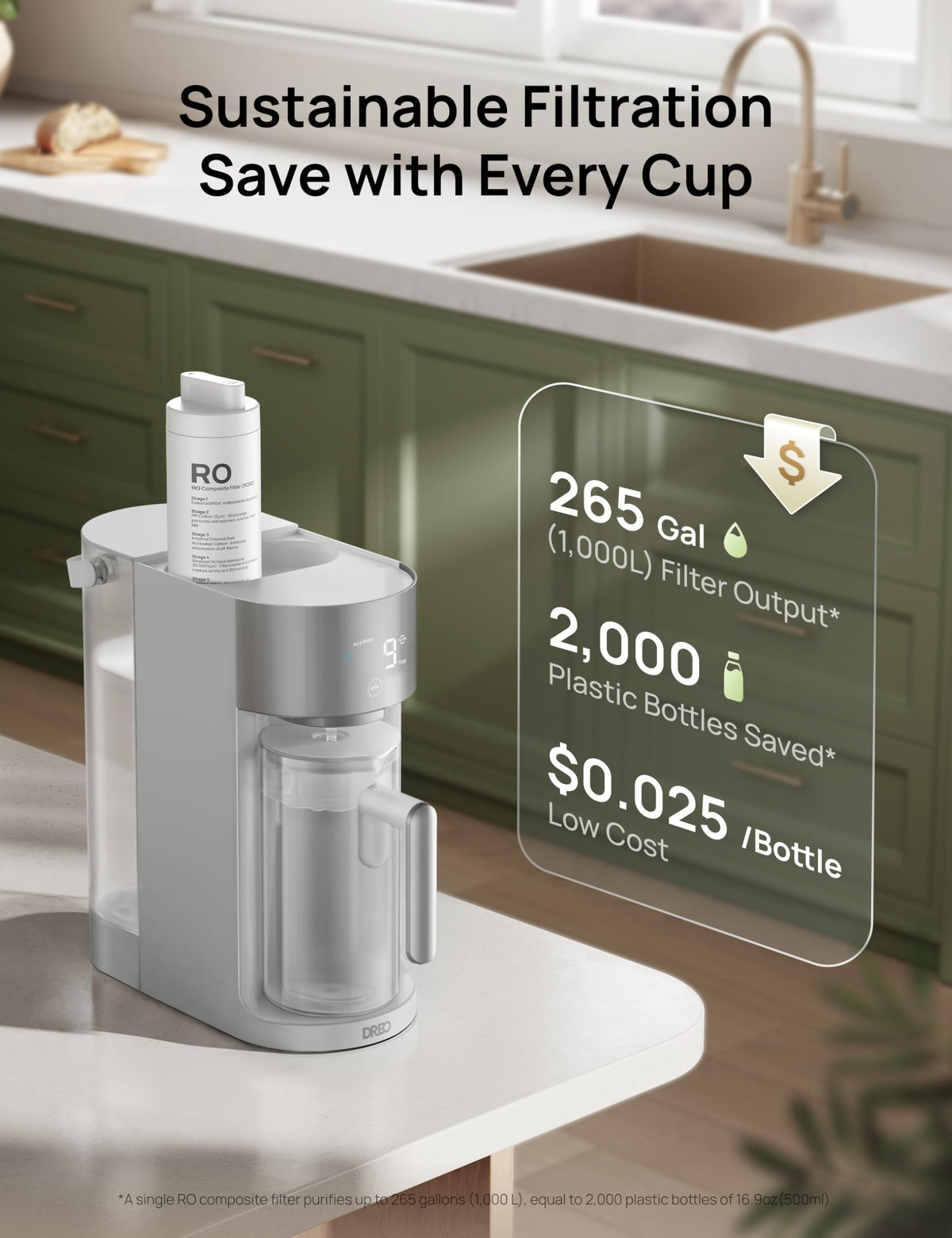 DREO 3:1 pure-to-drain ratio reduces waste while delivering purified water.