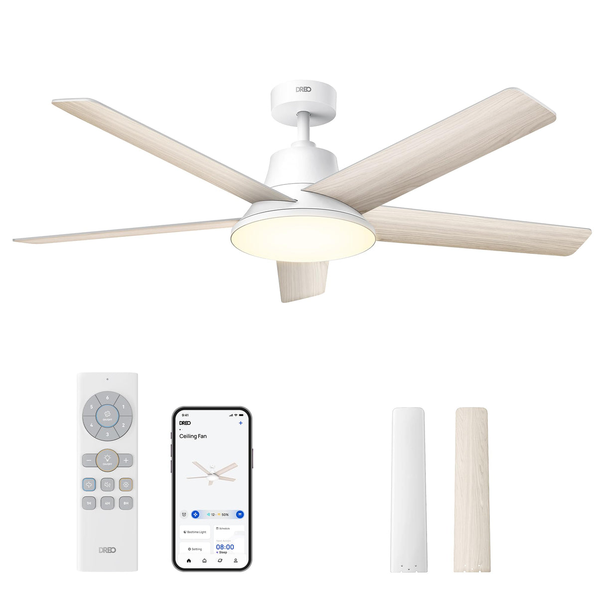 DREO 52-inch smart ceiling fan with LED lighting for ambient home use.