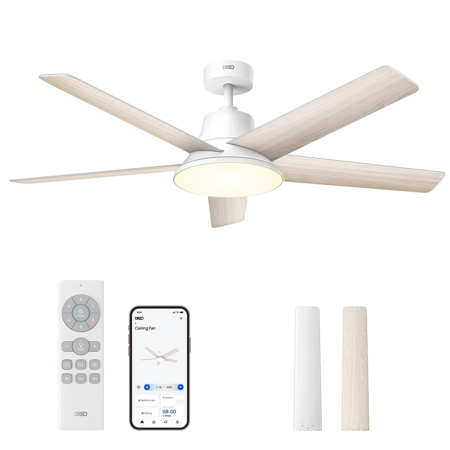 DREO 52-inch smart ceiling fan with LED lighting for ambient home use.