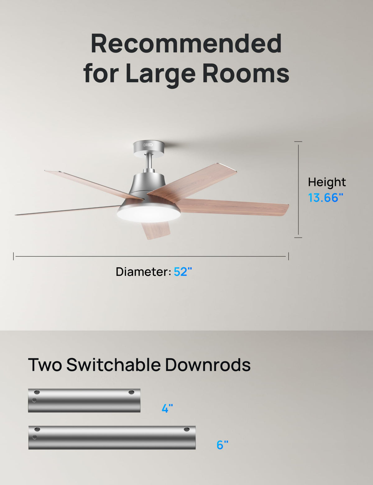DREO 52-inch silver ceiling fan timer for automated lights and fan control.
