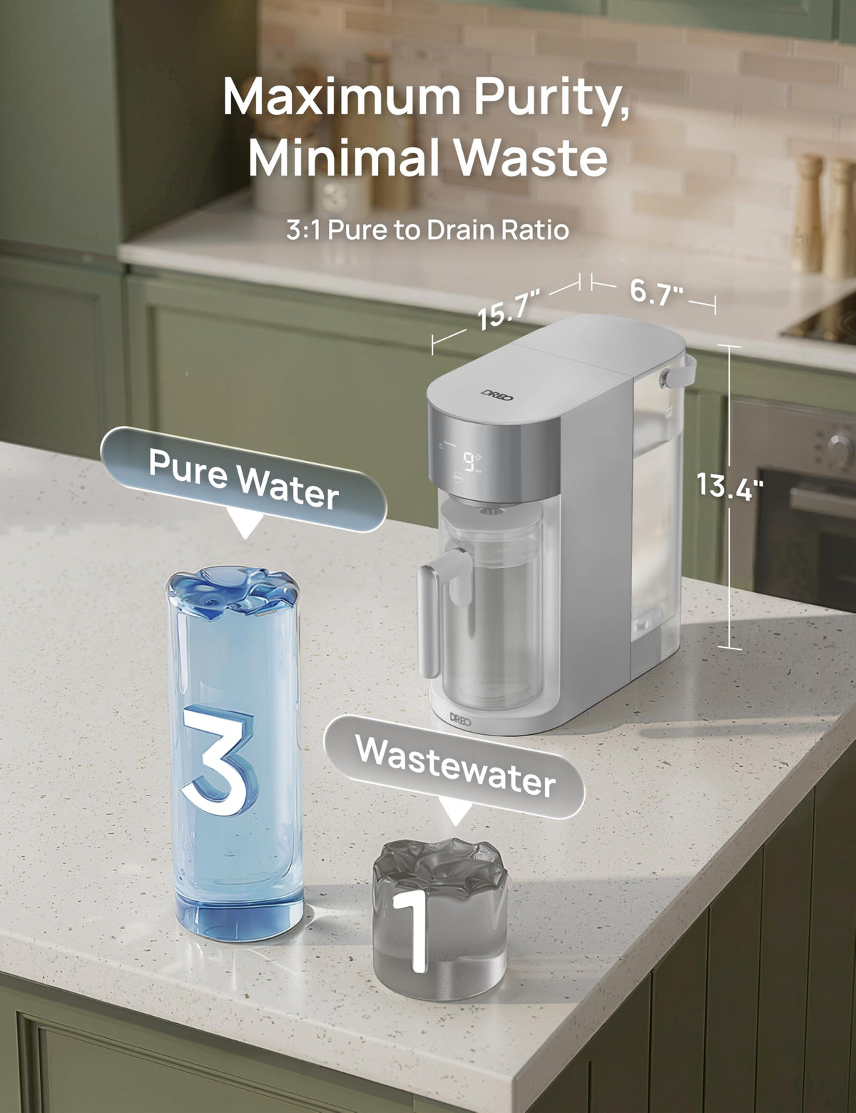 DREO 5L tank with two 1.1L pitchers supports daily hydration.