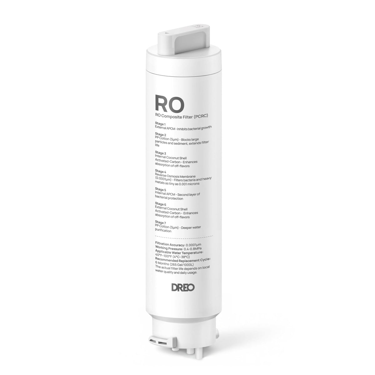 DREO 7-in-1 RO filter front view shows filtration stage for crisper water