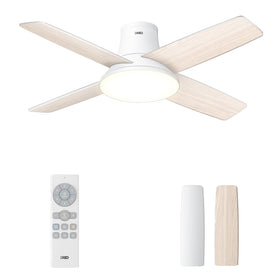DREO 44-inch low-profile white ceiling fan with remote provides bright, even illumination.