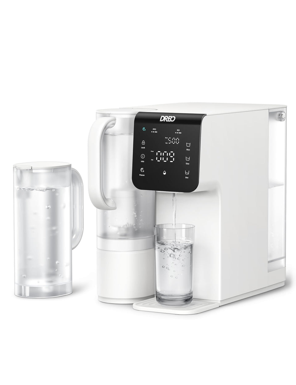 DREO countertop RO filter pouring purified water in a modern kitchen.