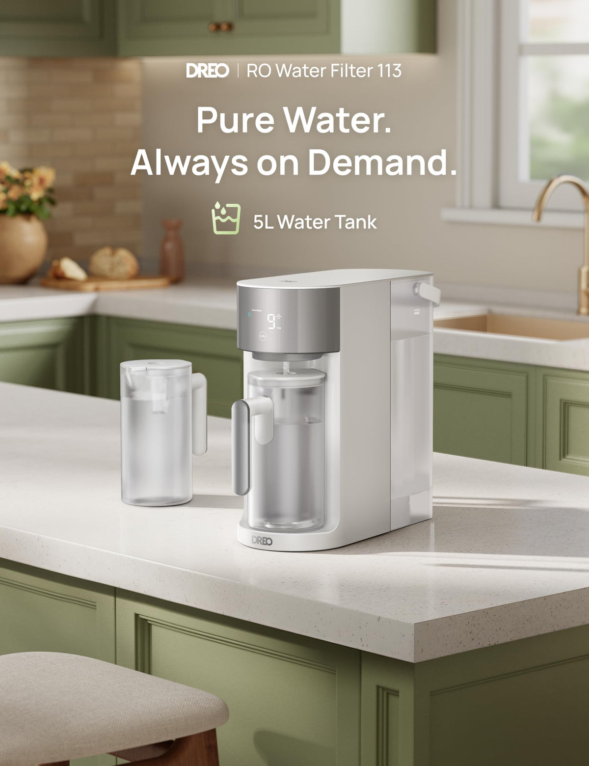 DREO countertop RO top view with two pitchers demonstrates convenient dual-container setup.