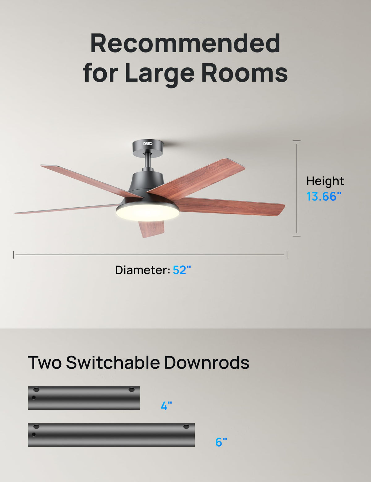 DREO ETL and DOE listed energy-efficient ceiling fan with lights.