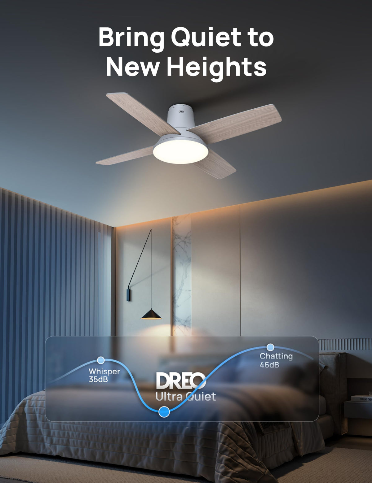 DREO flush-mount design creates a low-profile ceiling look