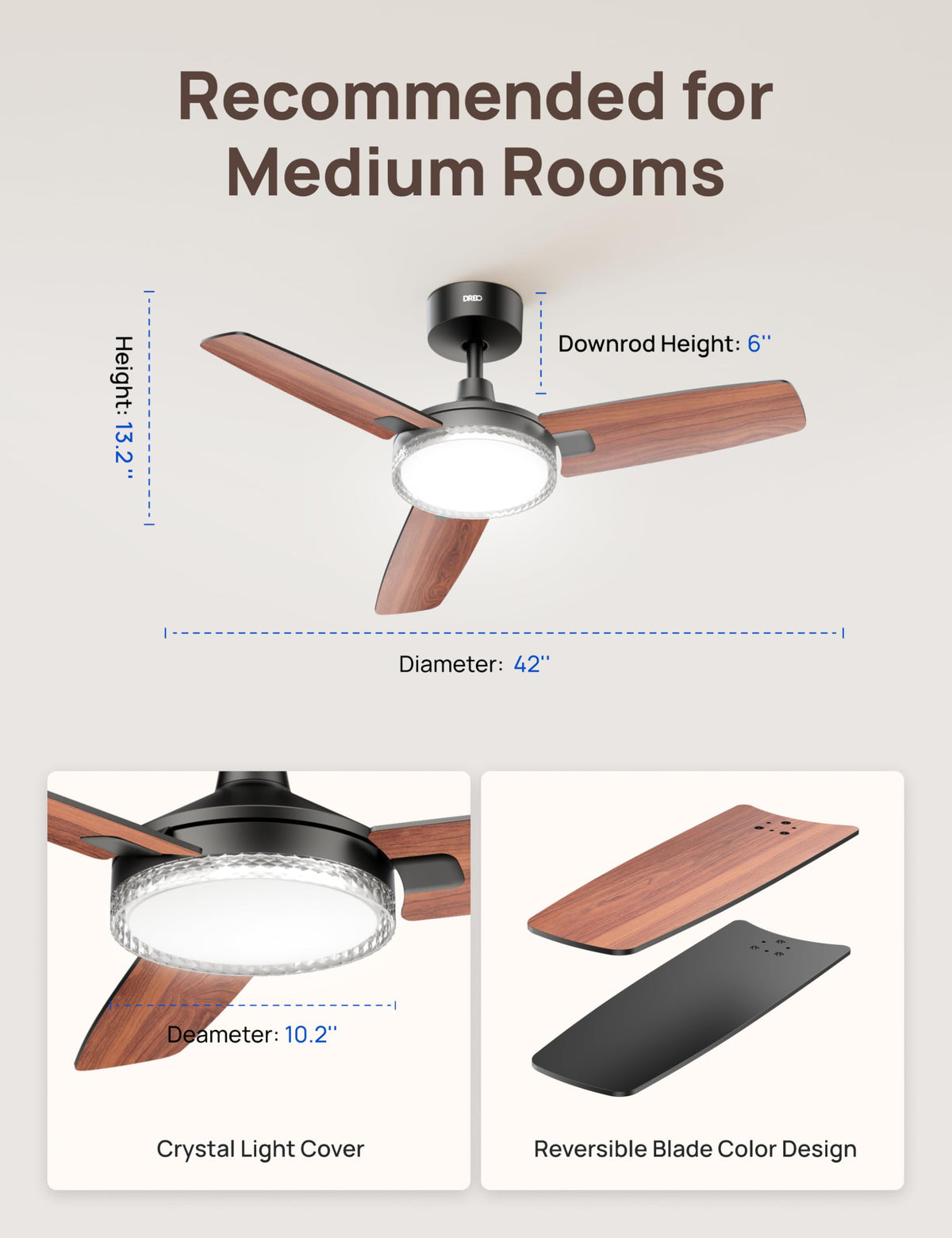 DREO living room setup showing modern decor with integrated fan and light.