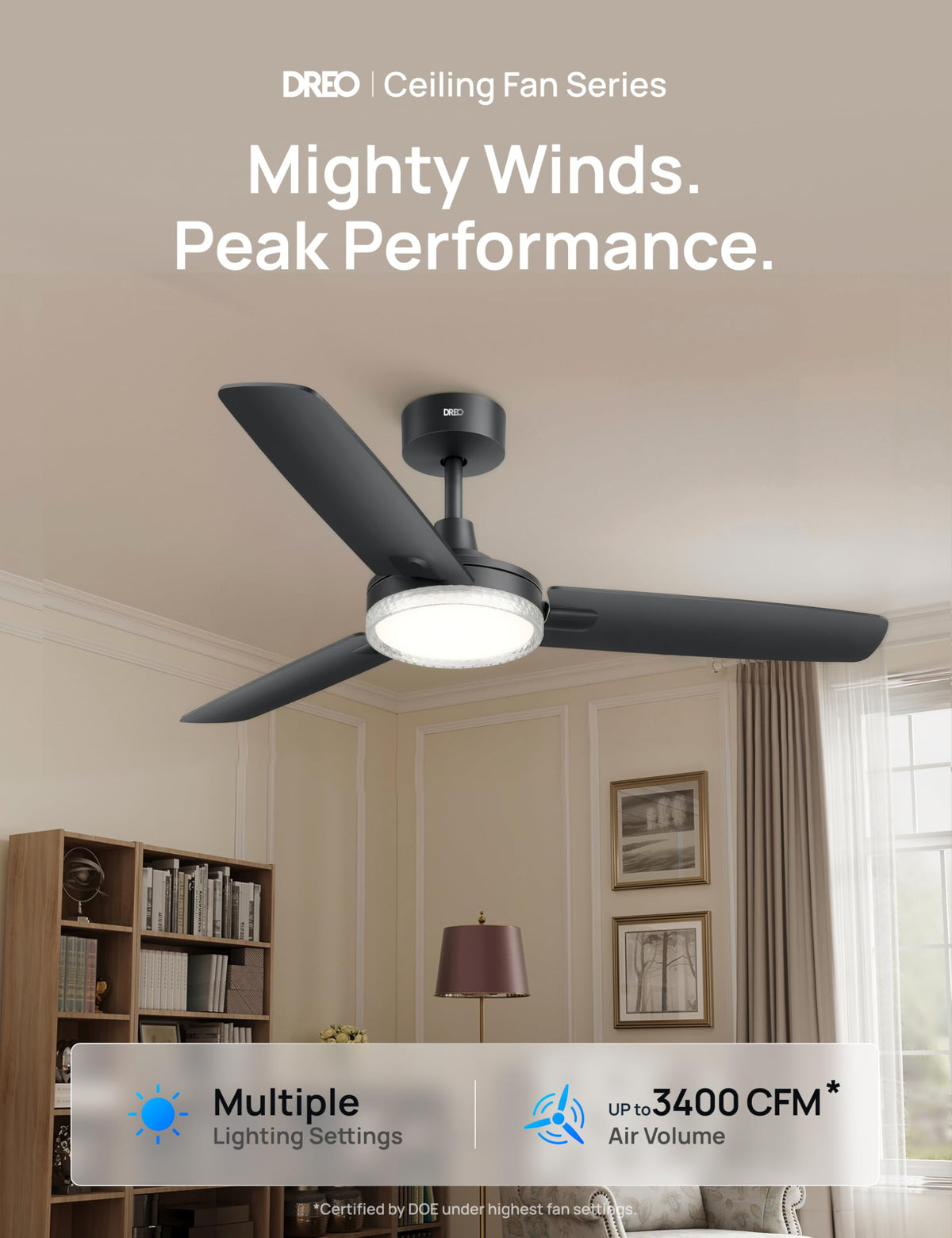 Dreo quiet DC motor ceiling fan delivering near-silent operation for bedrooms