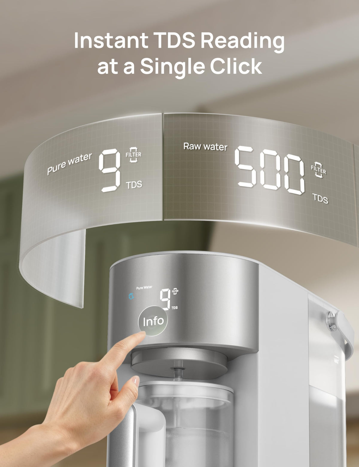 DREO real-time TDS monitor display helps track water quality and filter life.