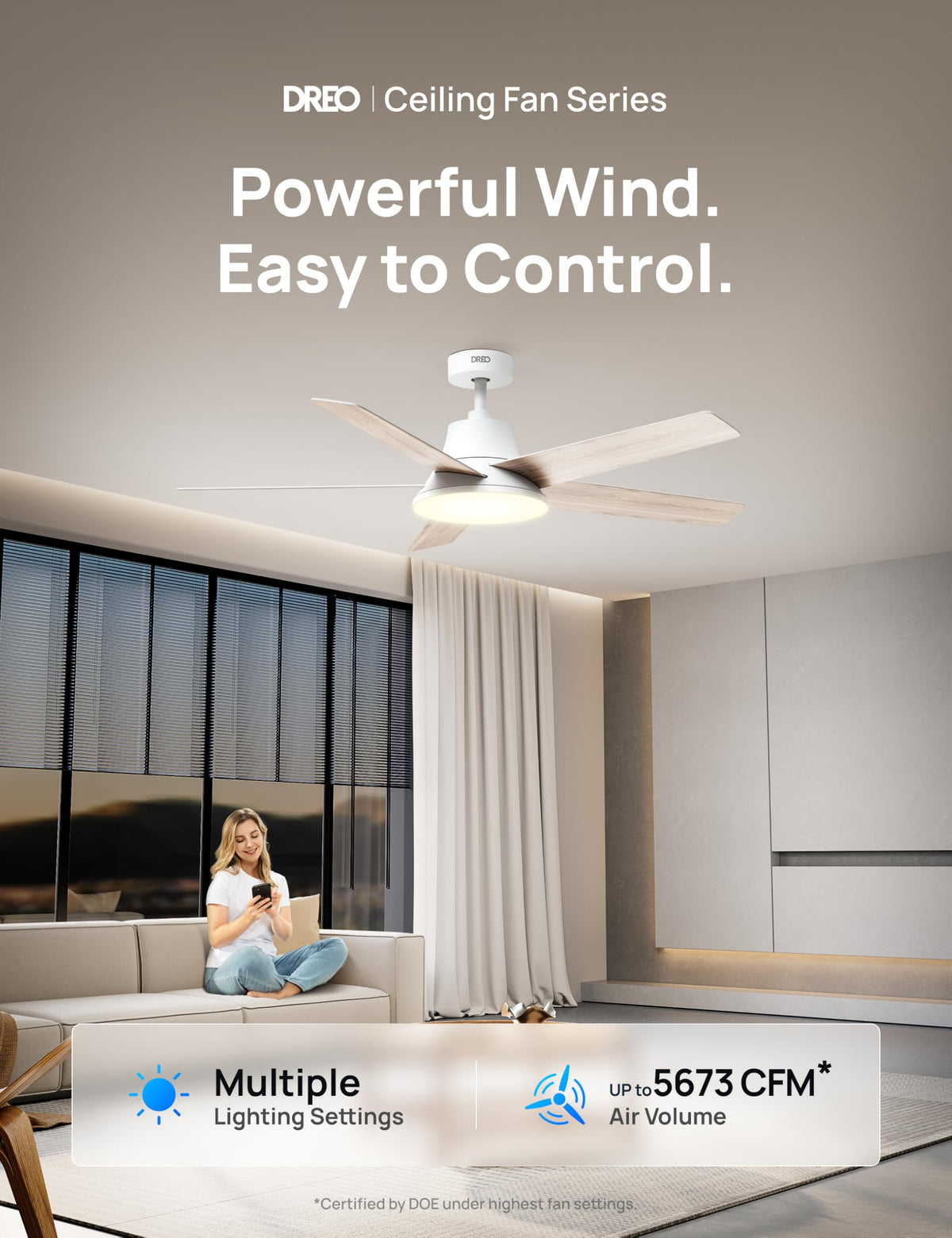 The DREO remote control lets you adjust speed and lighting from your sofa.
