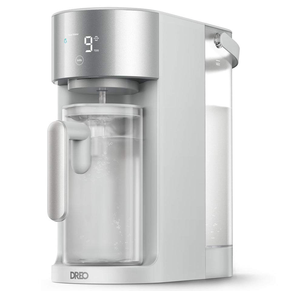 DREO countertop RO system on a kitchen counter with plug-and-play setup for instant pure water.