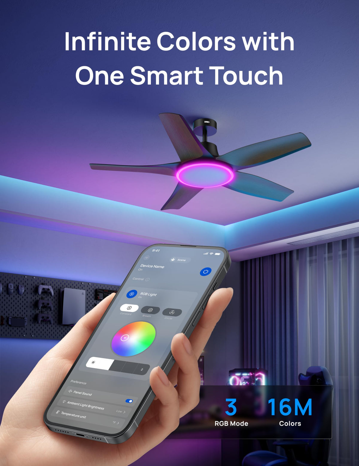 DREO RGB ambient lighting close-up shows vivid color options.