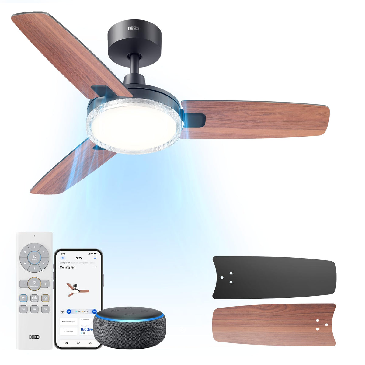DREO smart ceiling fan 42-inch black with light for adjustable ambient lighting.