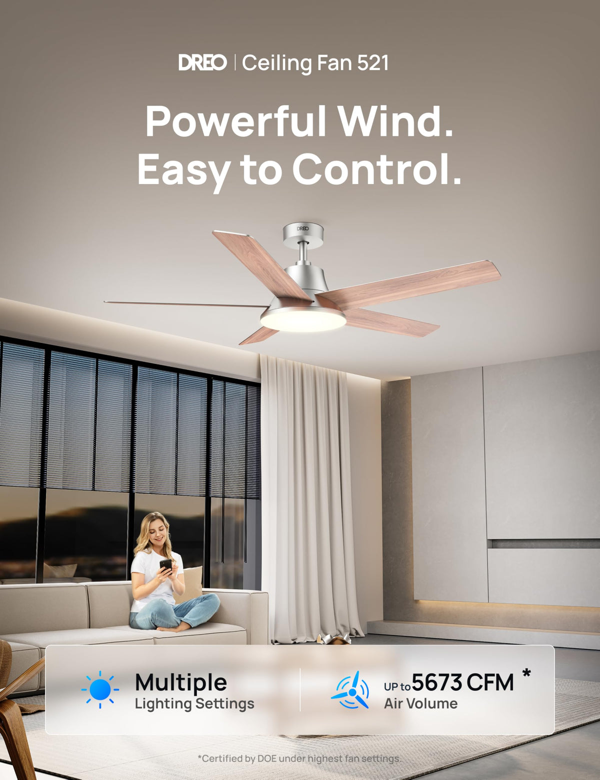 DREO 52-inch smart ceiling fan app control for hands-free comfort.
