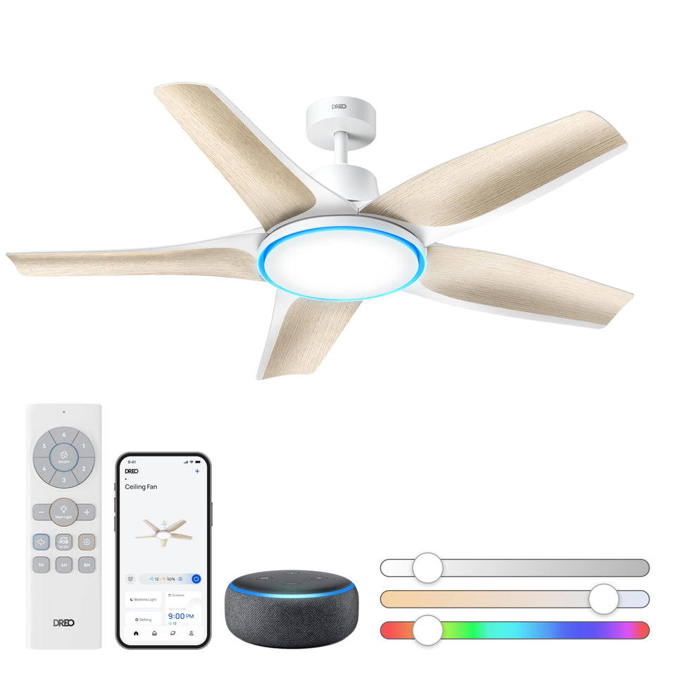 DREO smart ceiling fan with lights viewed from the front angle for a quiet living room upgrade.