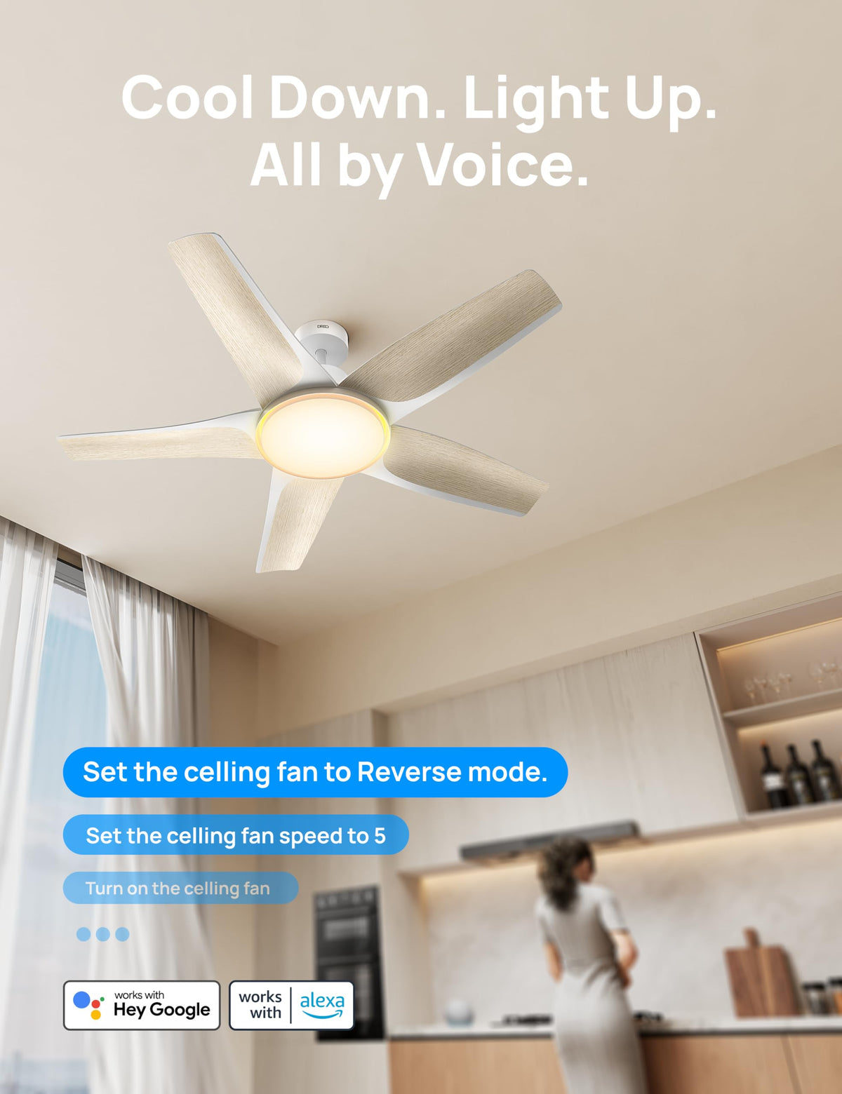 DREO Alexa-compatible control demonstrated with voice-powered fan operation.