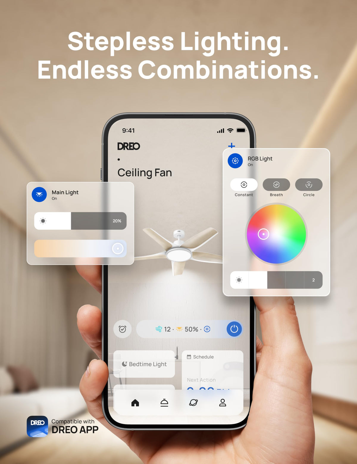 DREO RGB lighting close-up showing color options and brightness controls.