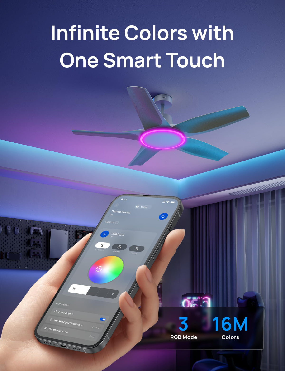 DREO smart ceiling fan in a modern living room setup with ample airflow.