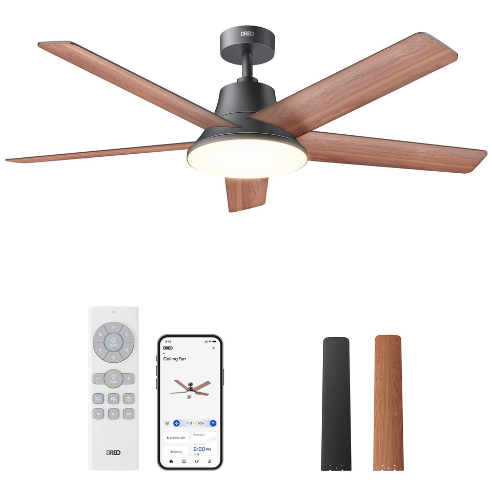 DREO smart ceiling fan with lights: 52-inch remote and app control for effortless comfort.