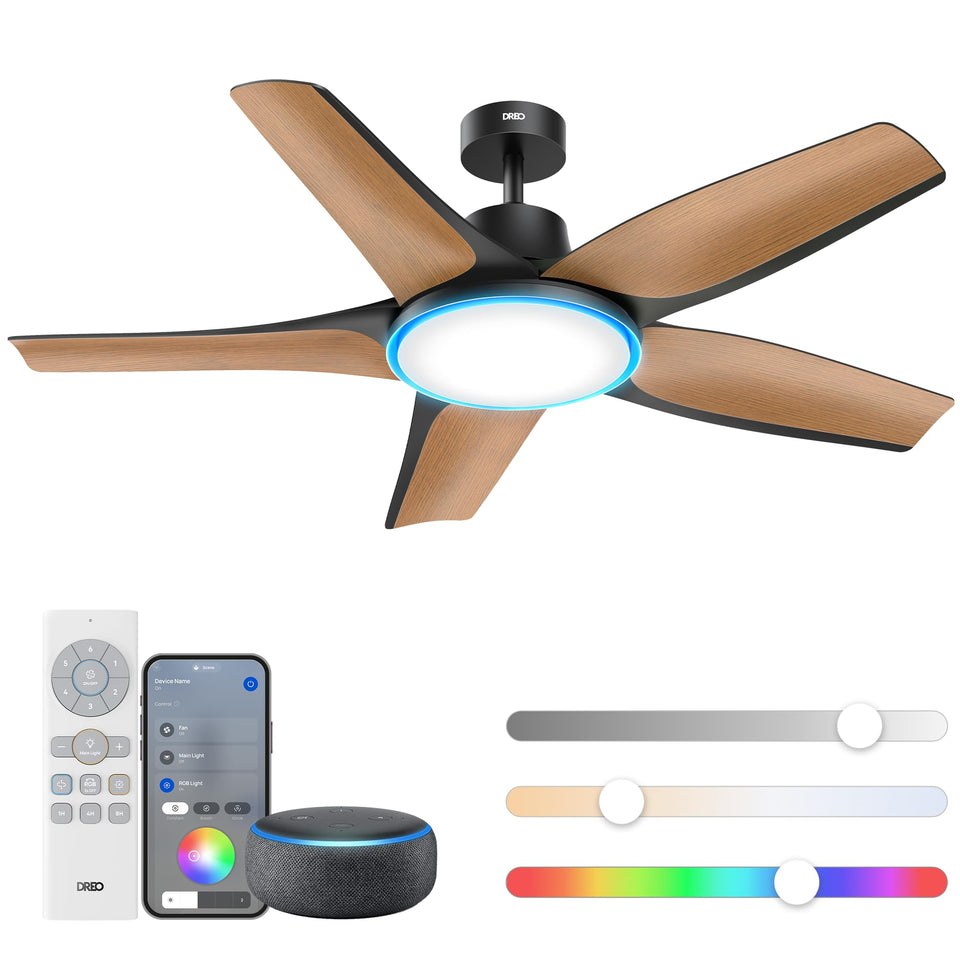 DREO smart ceiling fan with lights in a living room delivering ambient comfort.