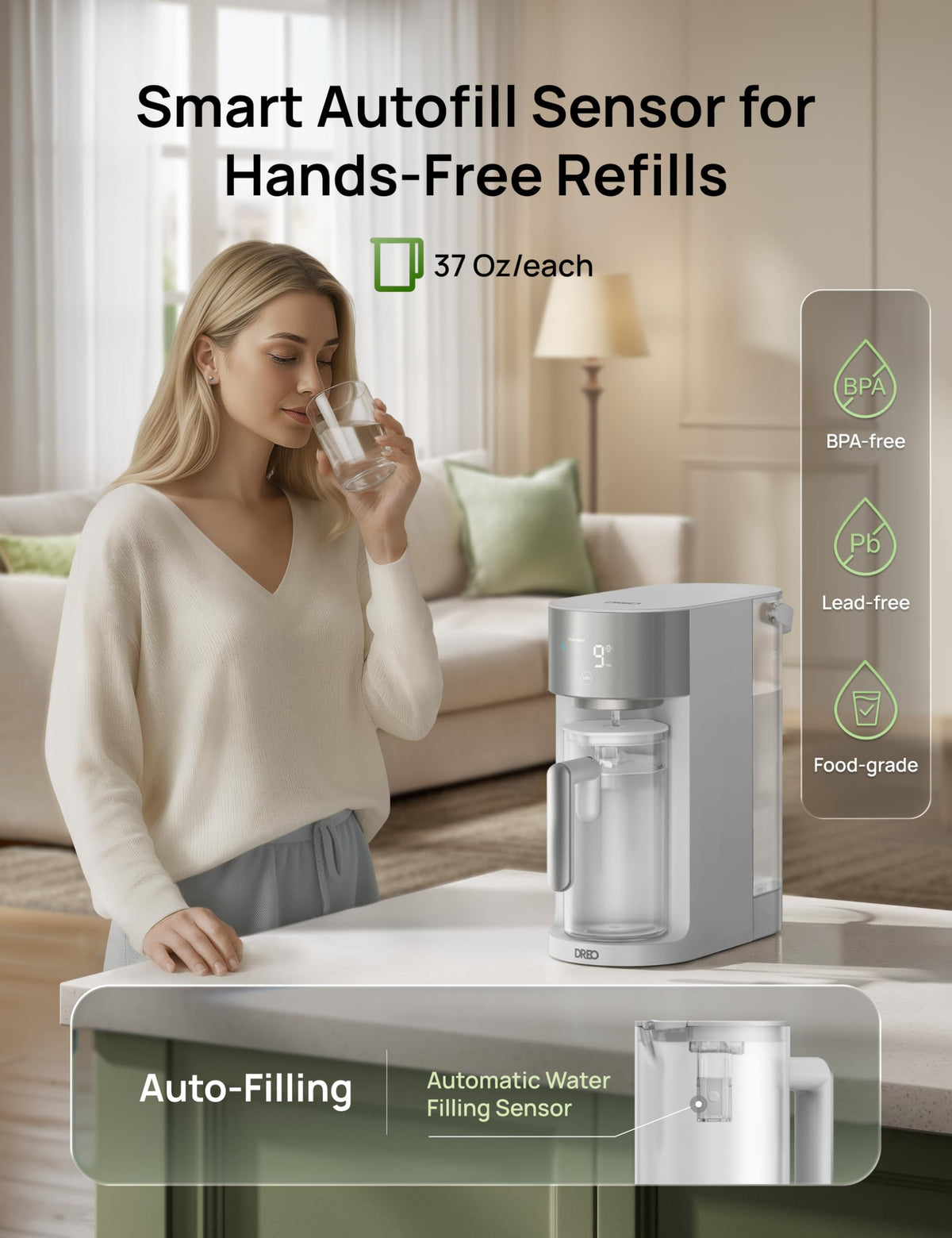 DREO real-time TDS monitor shows water quality and filter life at a glance.