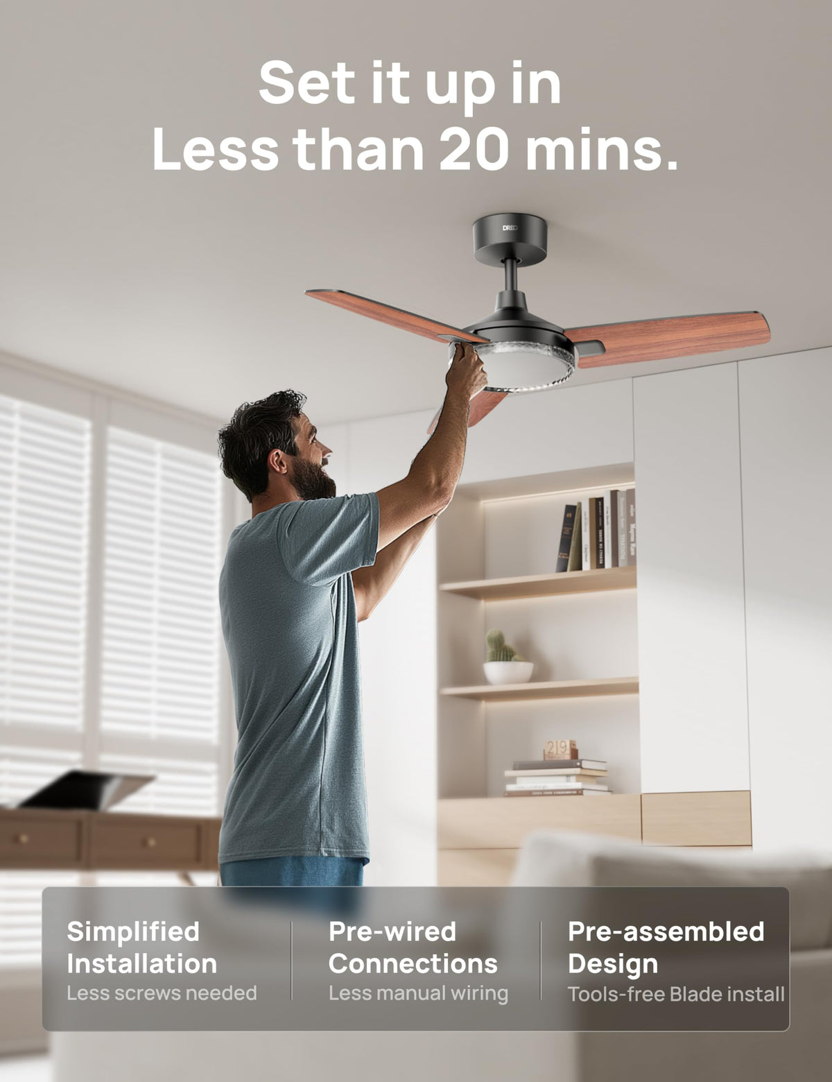 DREO two-color blades in black and wood grain enhance style and airflow.