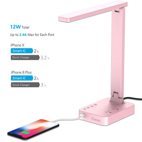 Drevet desk lamp with two outlets for multi-device power.
