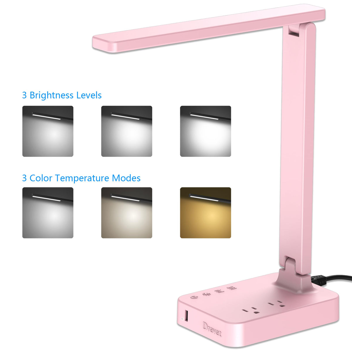 Drevet LED desk lamp USB charging port for convenient device charging.
