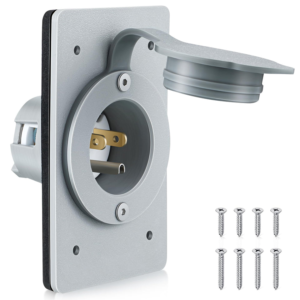 Dreyoo 15A flanged inlet front view for rugged, reliable power.