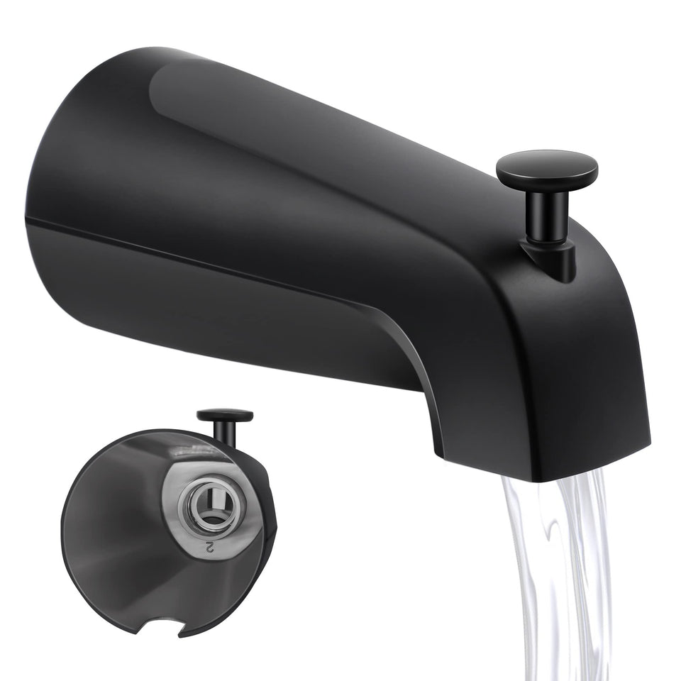 Dreyoo matte black tub spout front view highlights durable metal construction.