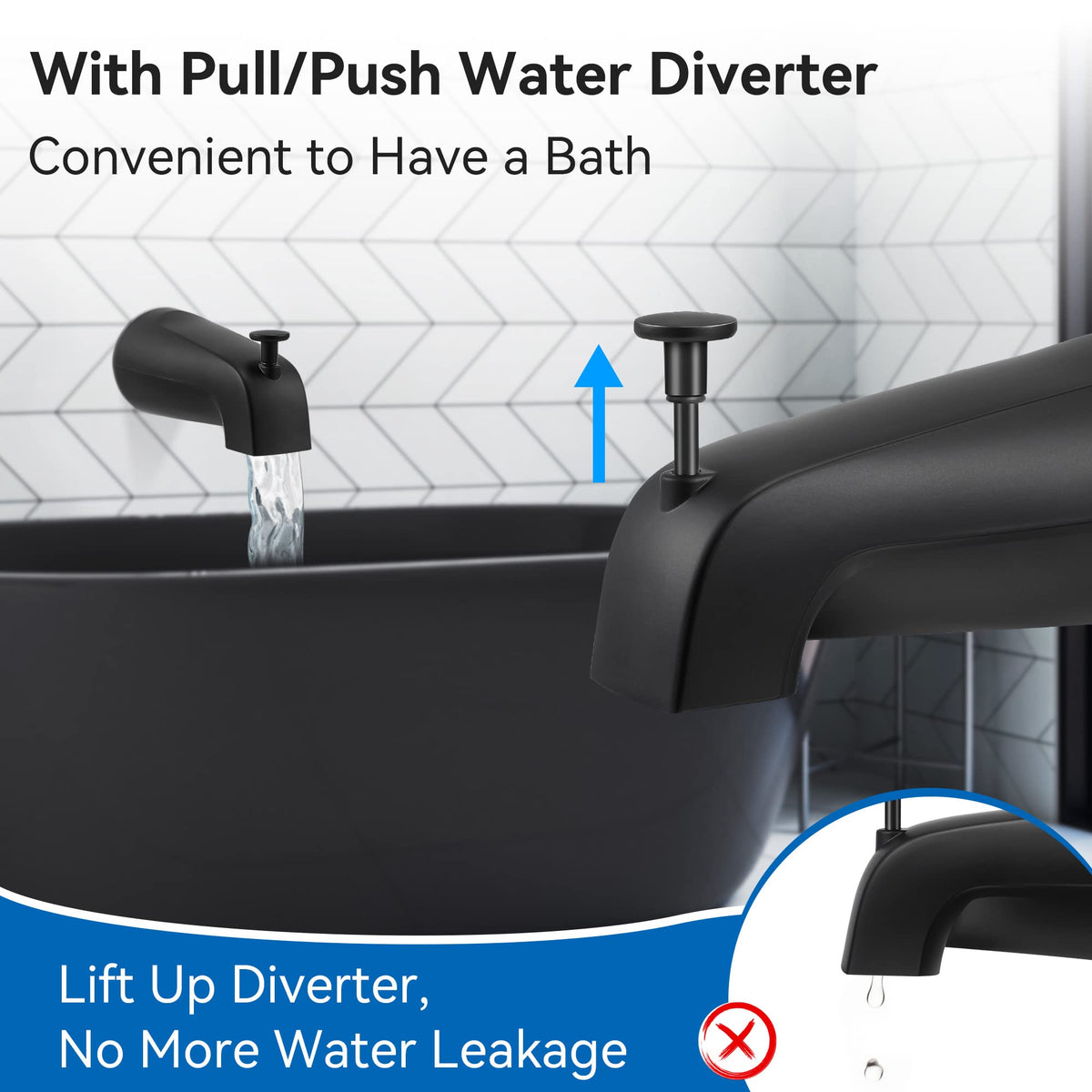 Dreyoo tub spout with front pull-up diverter in action for bath or shower.