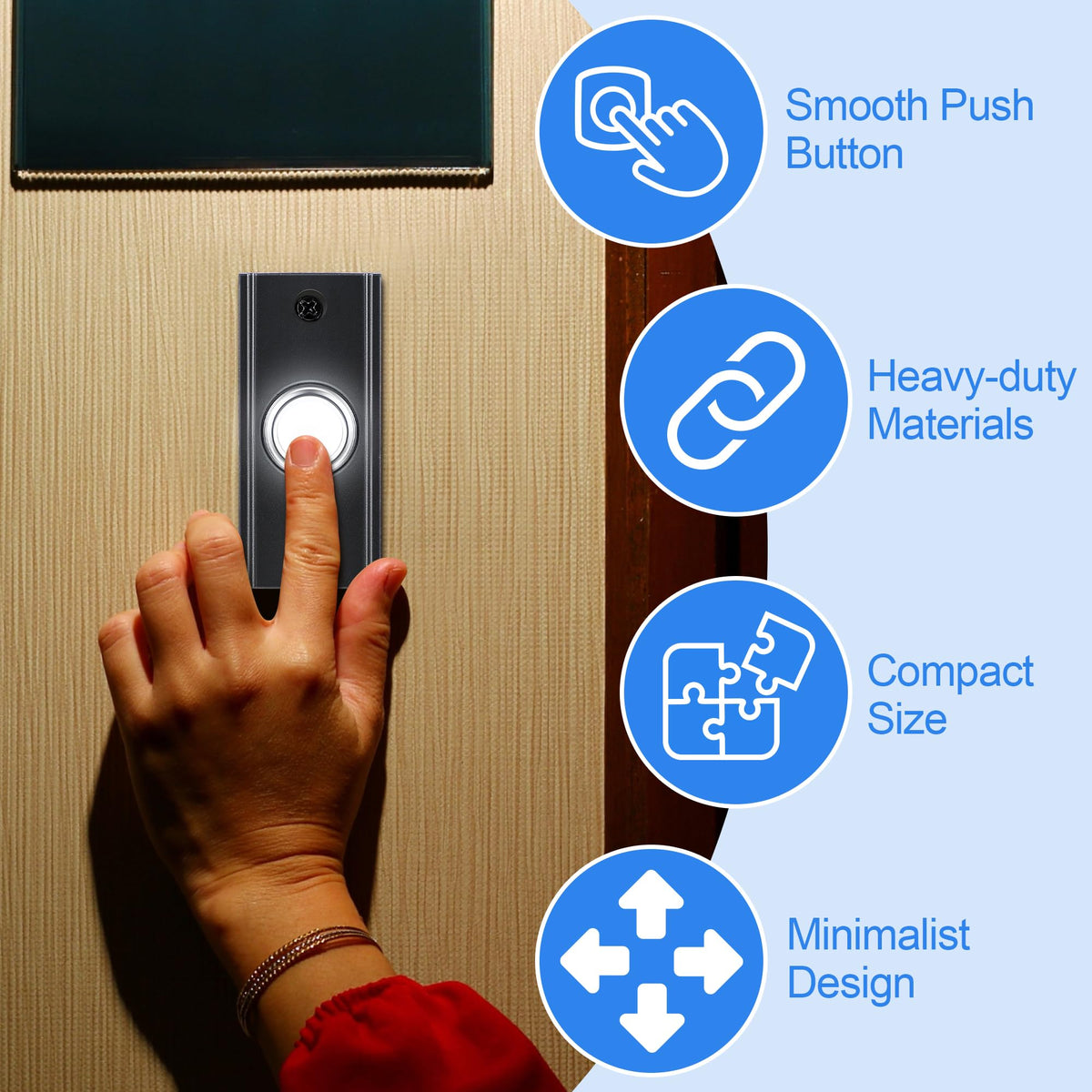 Dreyoo black metal doorbell button side view emphasizes sleek style.