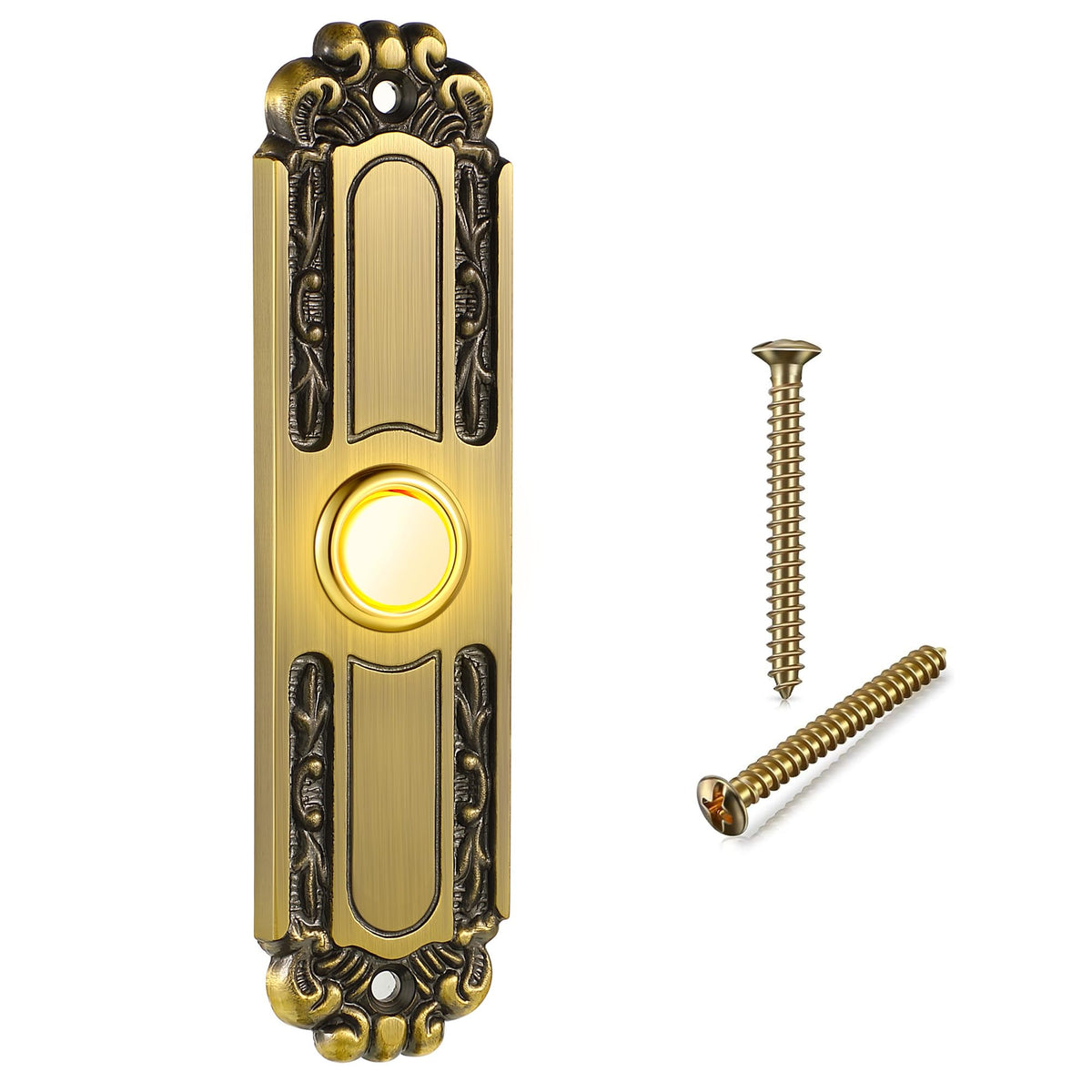 Dreyoo lighted metal doorbell button antique-brass front view enhances curb appeal.
