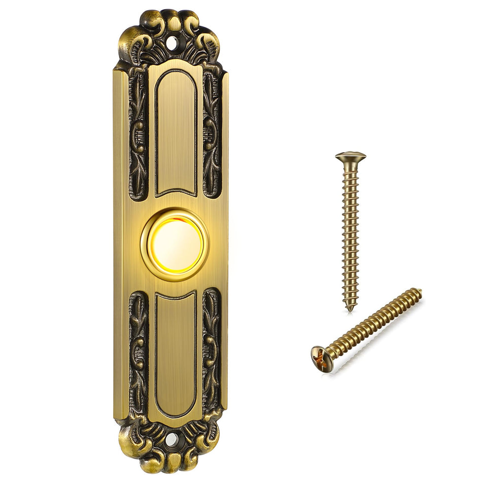 Dreyoo lighted metal doorbell button antique-brass front view enhances curb appeal.