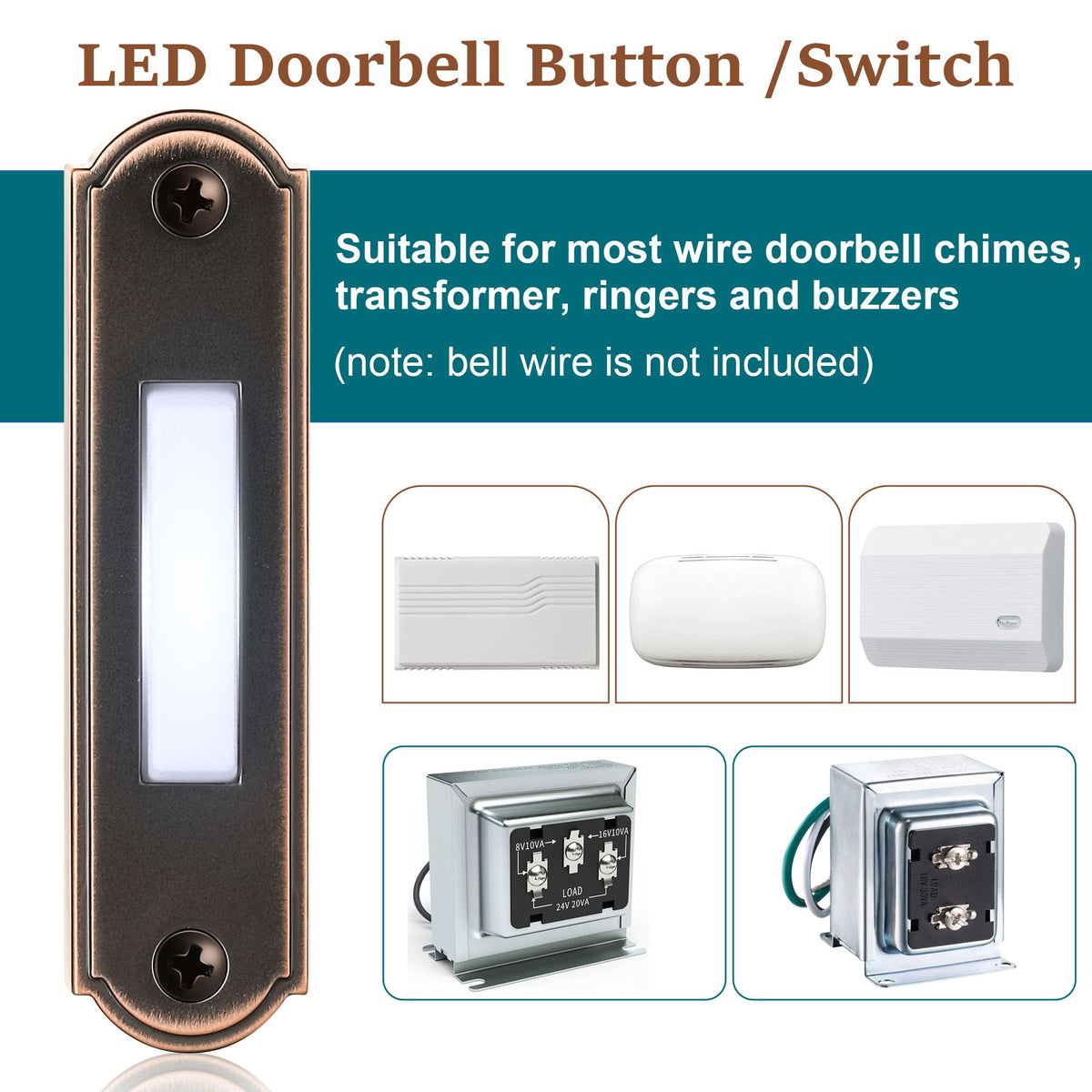 Dreyoo metal lighted doorbell button bronze side view with retro finish