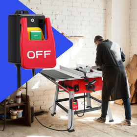 Dreyoo safety paddle switch in a workshop setup showing compatibility with saws and routers.