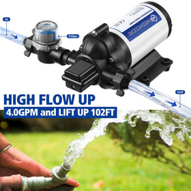 Dreyoo pump side view highlighting 45 psi capability for garden irrigation.