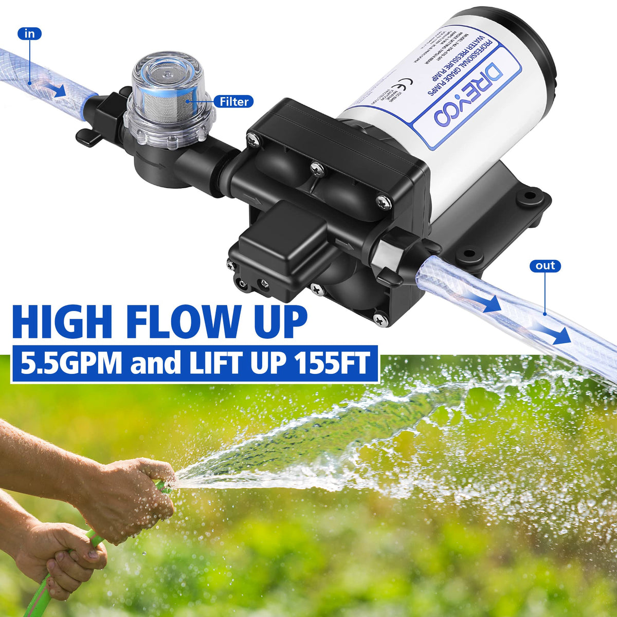 Dreyoo water pump with plug and base for easy installation and secure mounting
